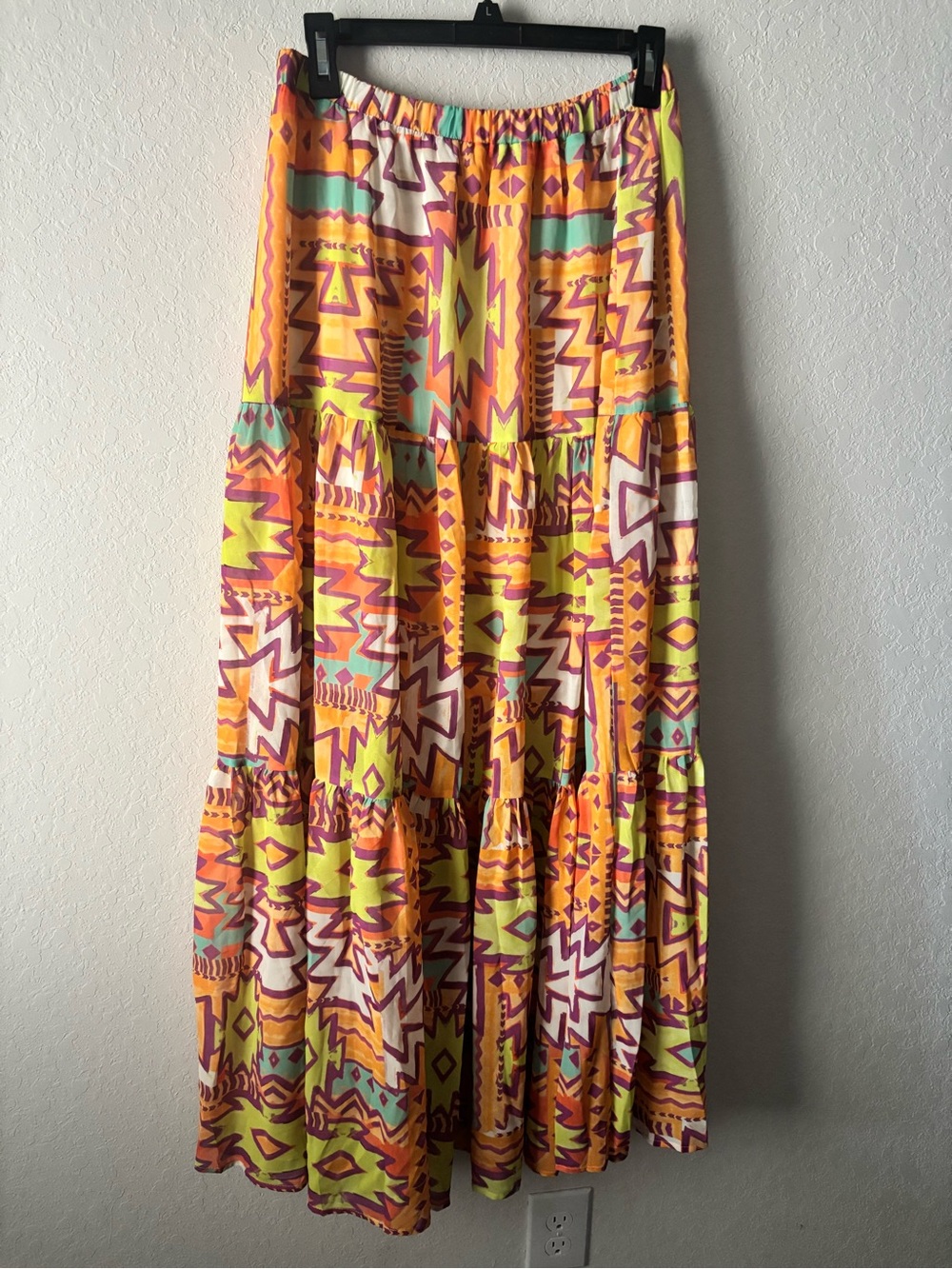 Flying Tomato Geometric Tiered Maxi Skirt Multicolor Boho Festival 42” Length